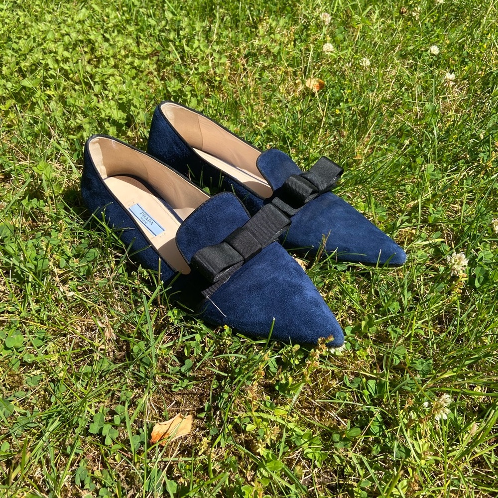 Prada navy velvet pointed toe flats